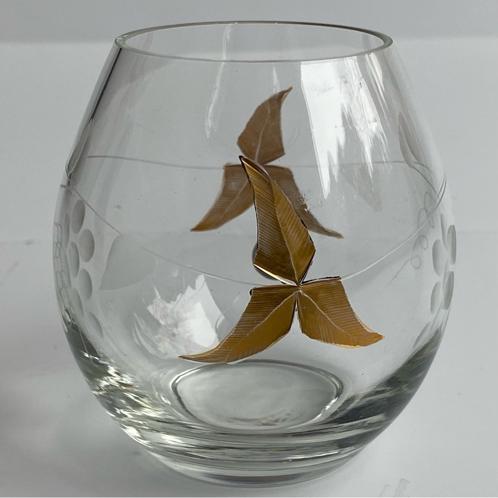 PartyLite Tuscany Votive Holder Clear Glass Etched 24k Gold Leaves EUC Tags On